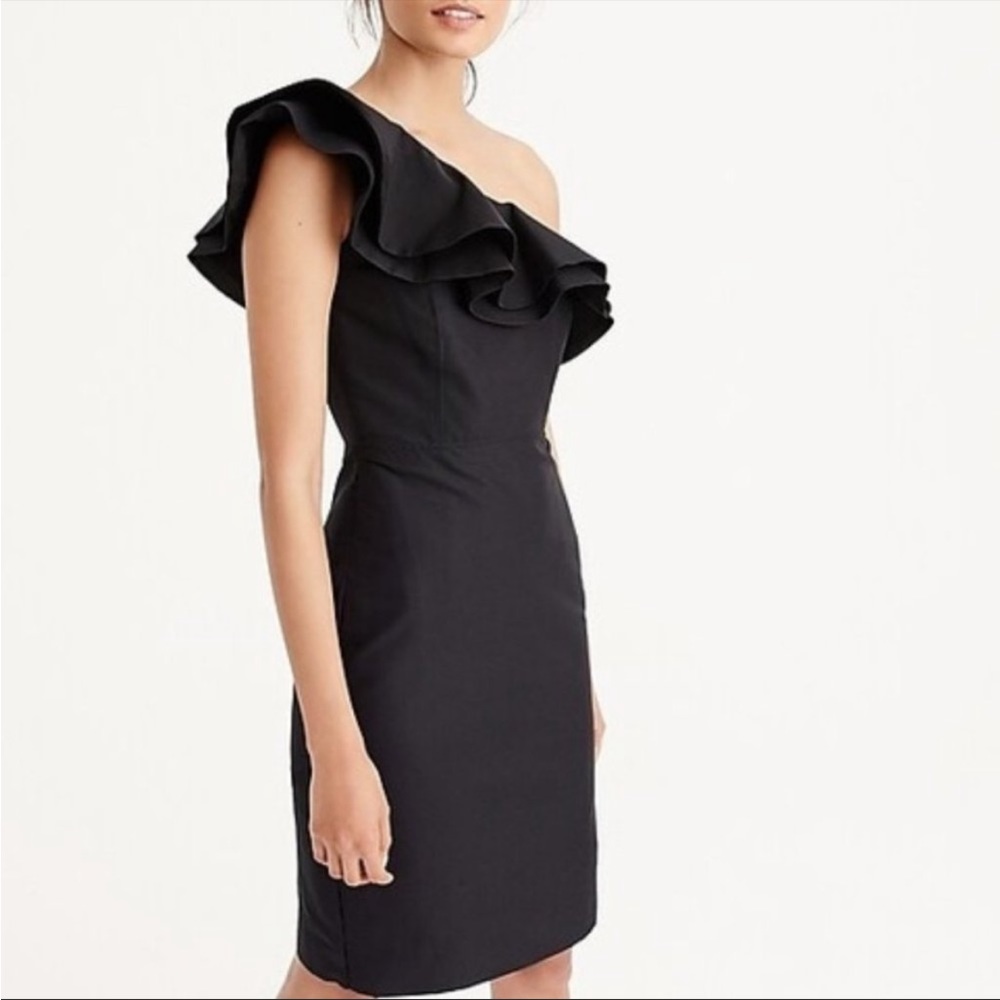 J. Crew black one shoulder ruffle cocktail dress